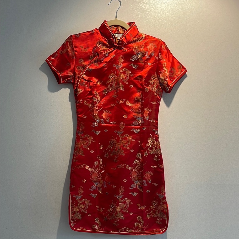 Elegant Red Satin Cheongsam Dress